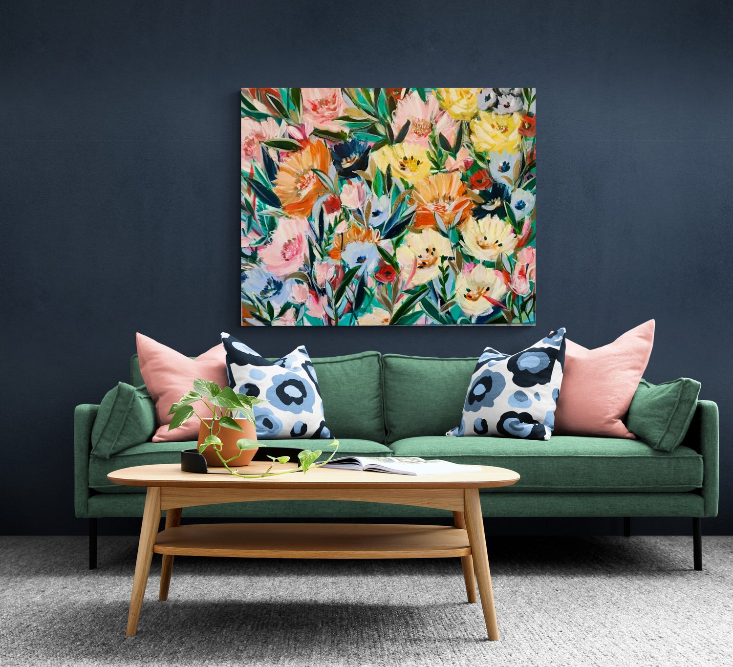 Original large bright colourful floral painting on canvas.