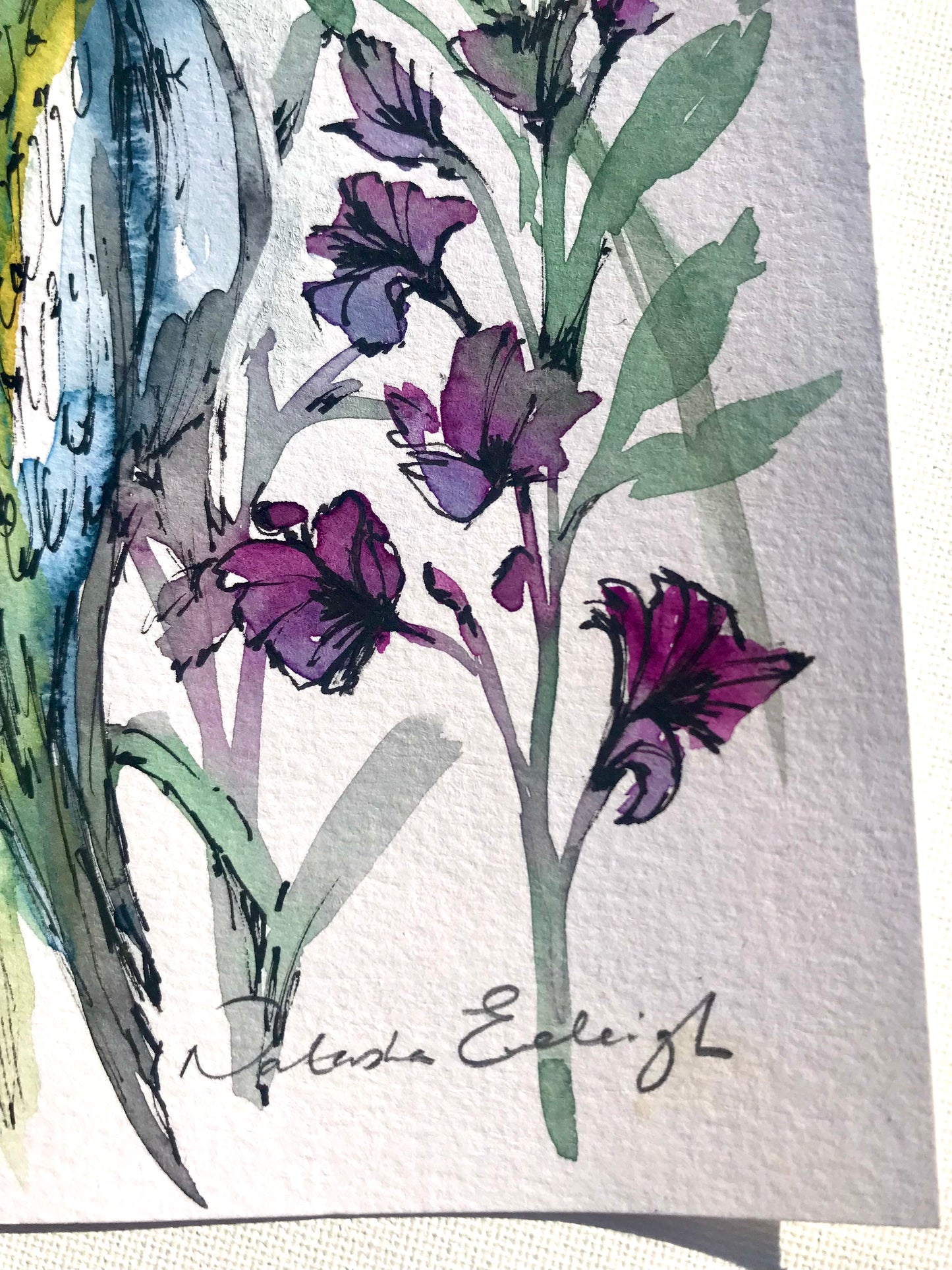 Parrot and floral watercolour study.