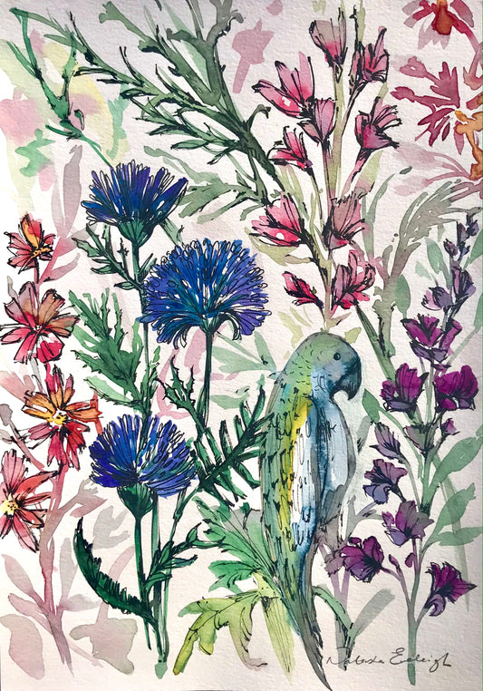 Parrot and floral watercolour study.
