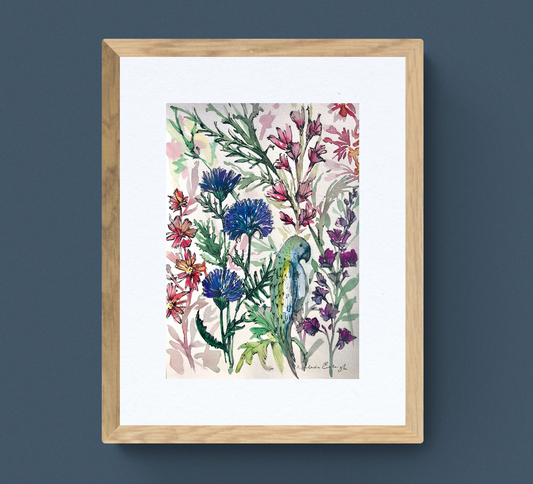 Parrot and floral watercolour study.